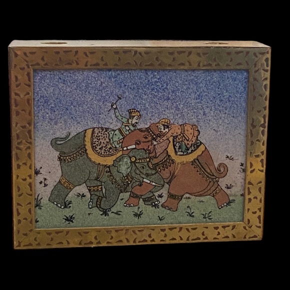 Vintage Indian artwork, wood & brass, pen & notepad holder - Picture 1 of 15
